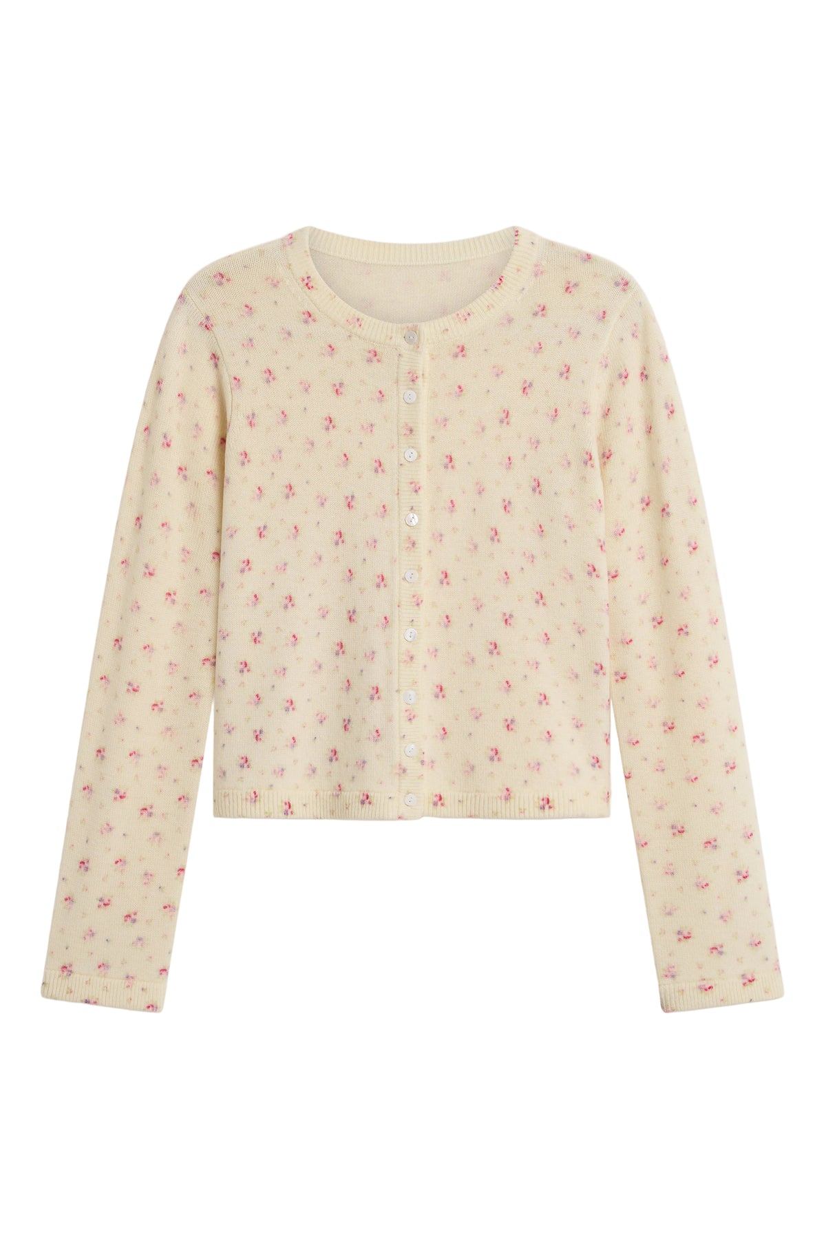 Front view of the Clementine Cardigan in Ditsy Floral showcasing its long sleeves and button closure against a white background