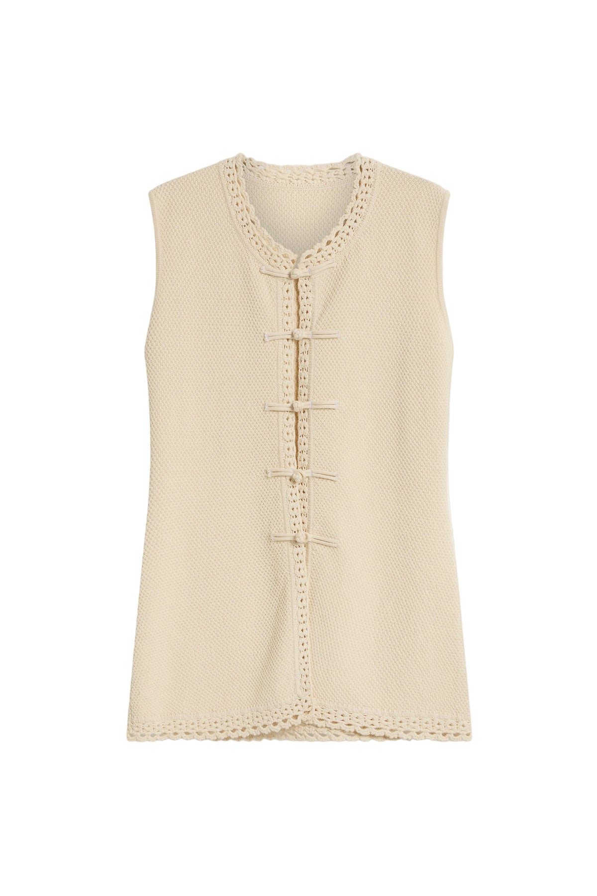 Front view of Hallie Vest in Cream showcasing crochet edging and knitted frog clasp fastening on a white background