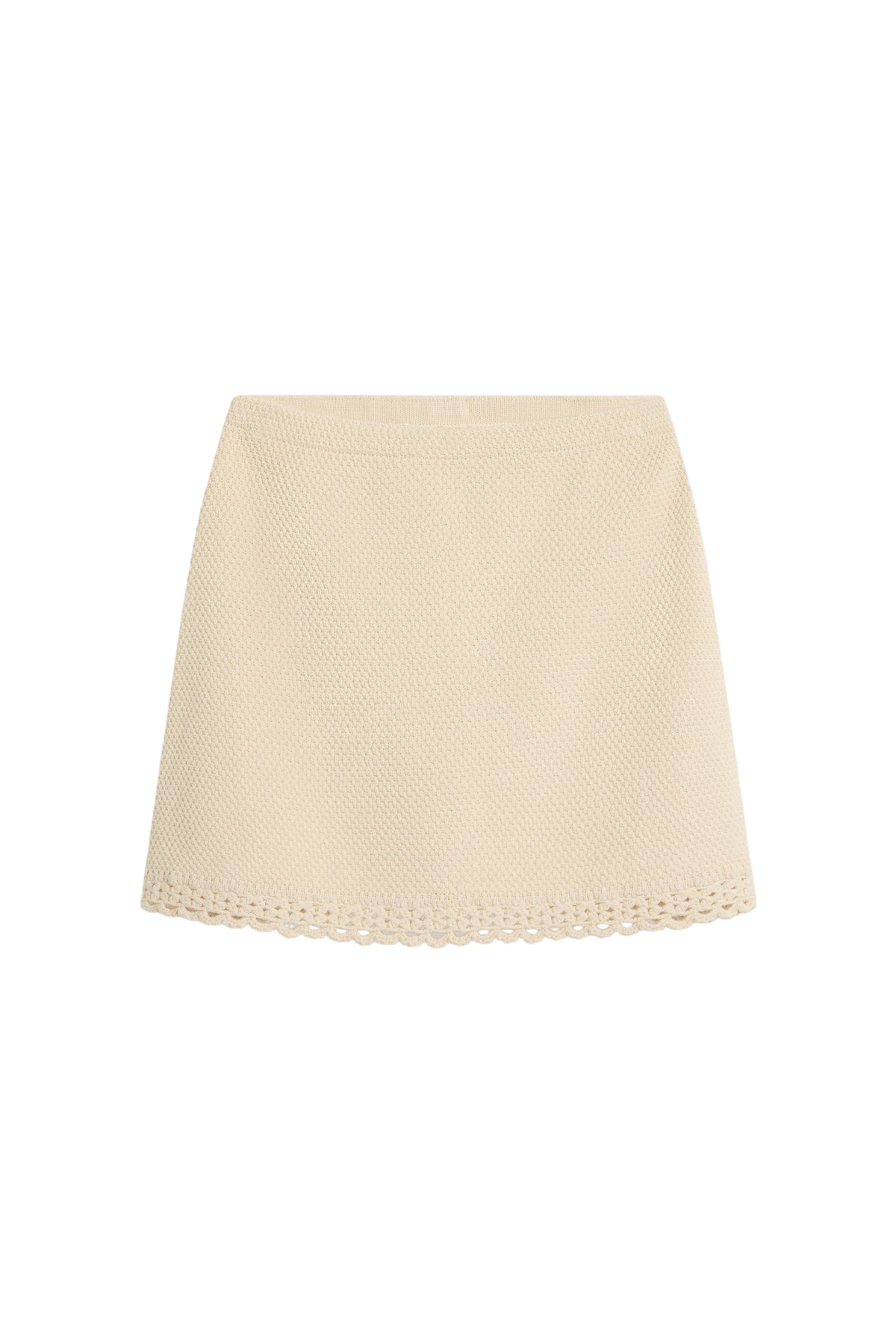 Front view of Hallie Skirt in Cream showcasing crochet hem detail with a white background