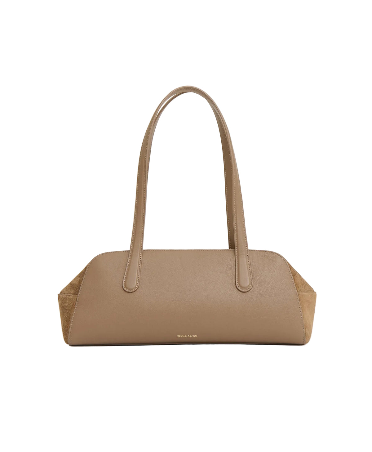 Front of Helios shoulder bag with elongated east-west shape, leather front, suede sides and long straps on white background