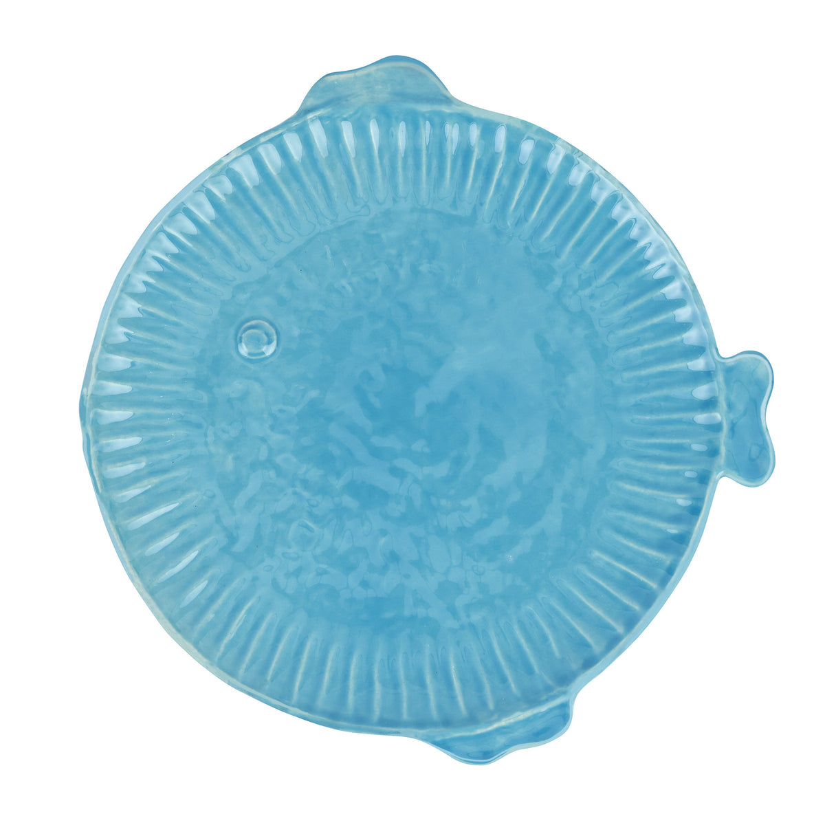 Top view of Pesce Serena Aqua Dinner Plate showcasing aqua glaze and fish-shaped design with a white background