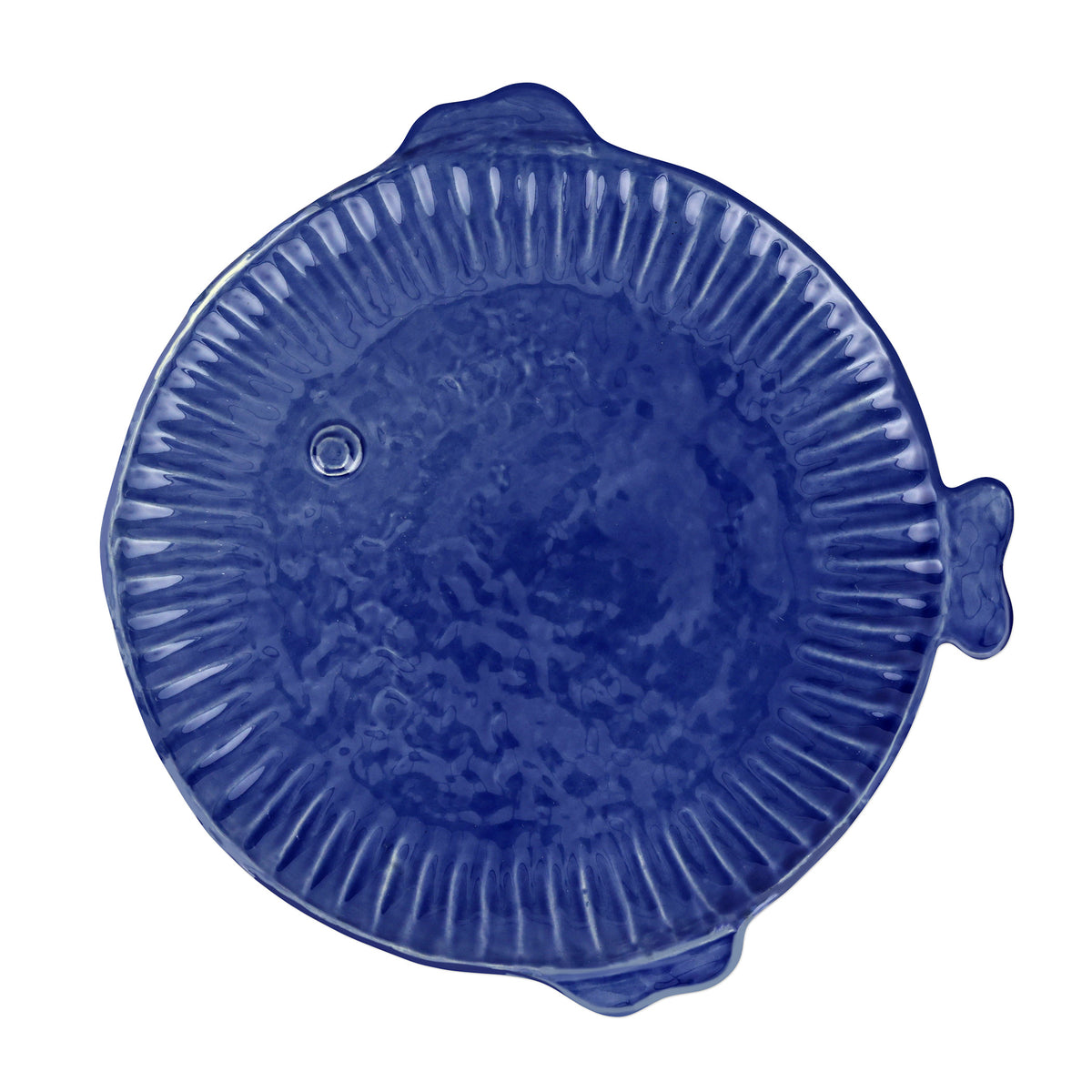 Top view of Pesce Serena Cobalt Dinner Plate showcasing its fish-shaped design and ridged rim against a white background
