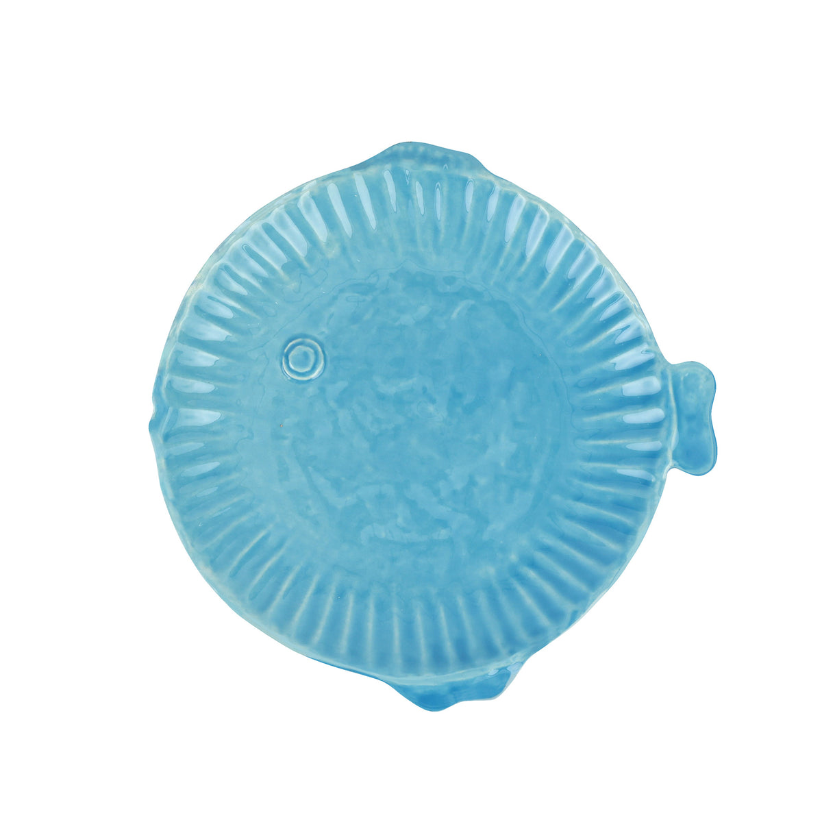 Close-up of Pesce Serena Aqua Salad Plate showcasing aqua glaze, ribbed edges, and fish-shaped form on a white background