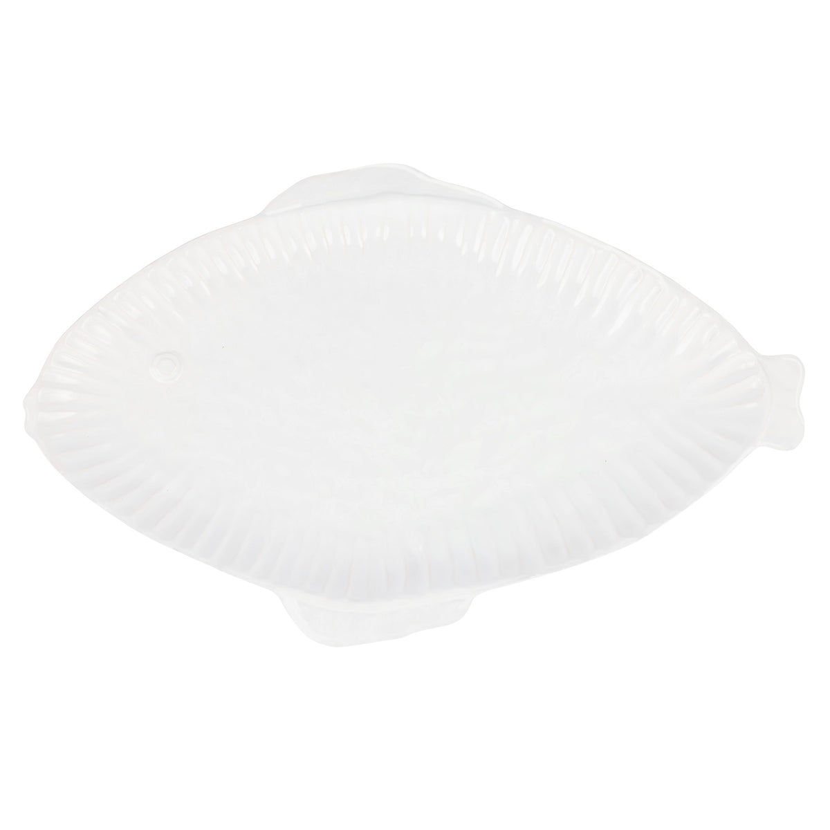 Front view of Pesce Serena Large Oval Platter showcasing charming fish details on a white background