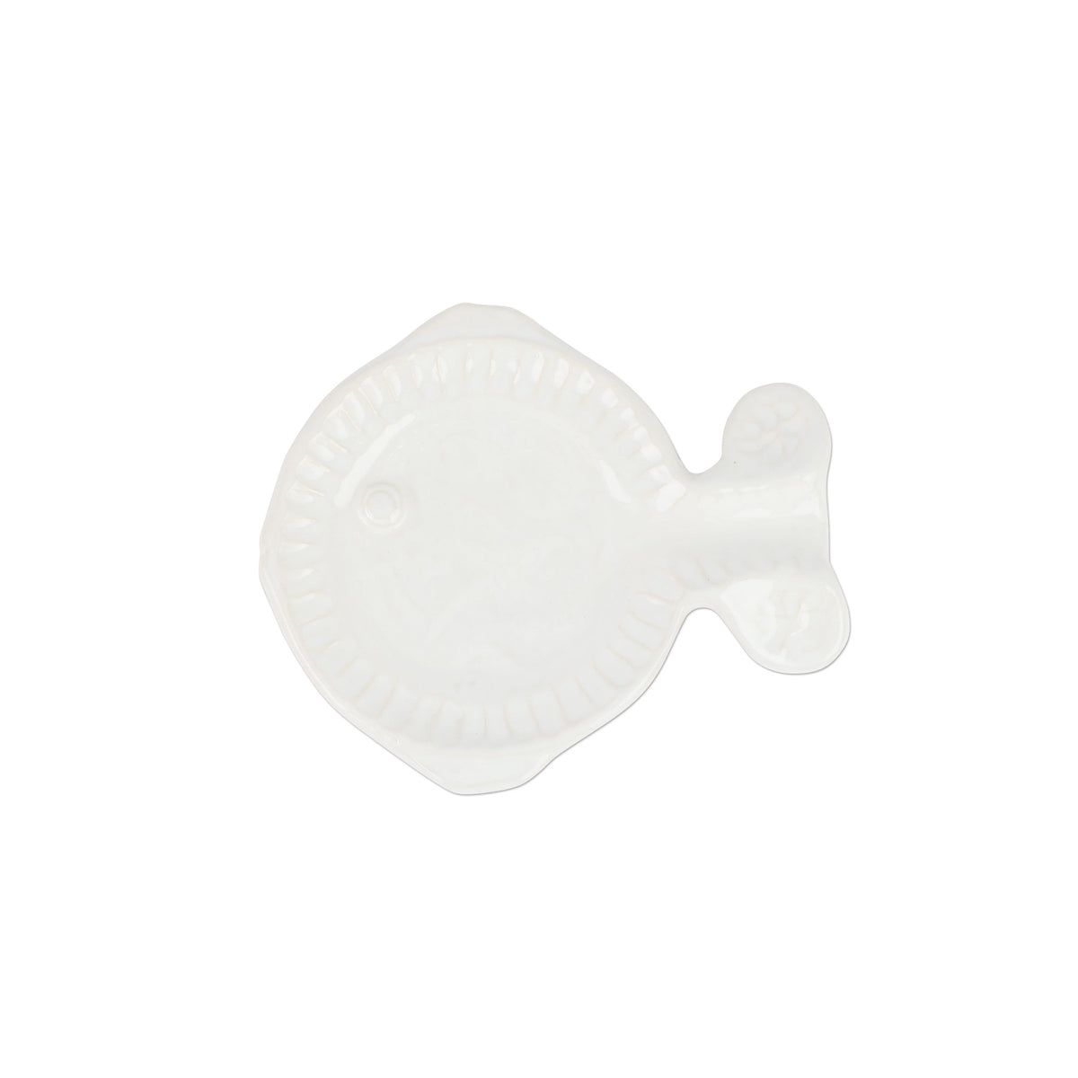 Top view of Pesce Serena Spoon Rest showcasing fish details and raised rim with a white background