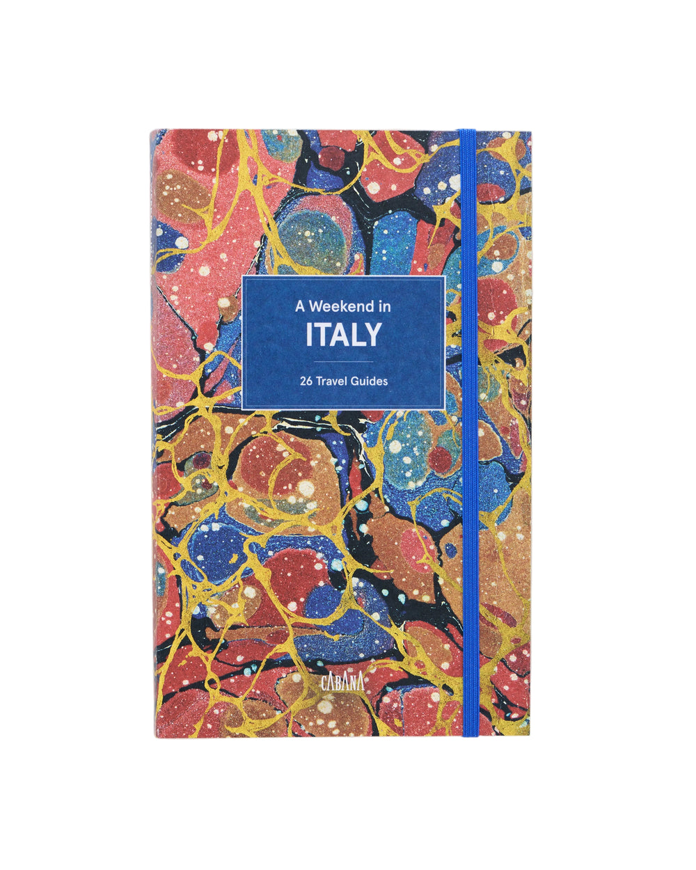 Front view of A Weekend in Italy softcover with marbled cover, blue elastic band, and title reading ITALY 26 Travel Guides