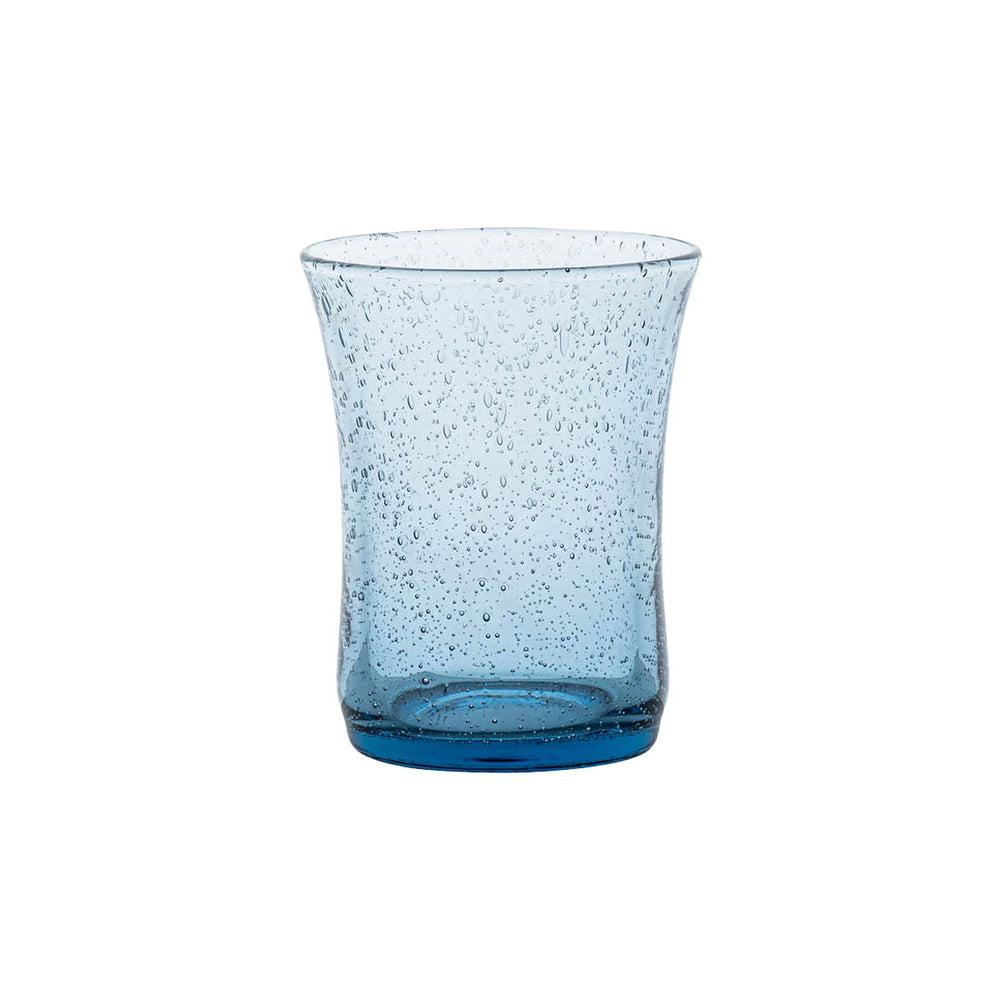 Front view of Provence small tumbler showcasing chambray blue bubbled glass texture on a white background