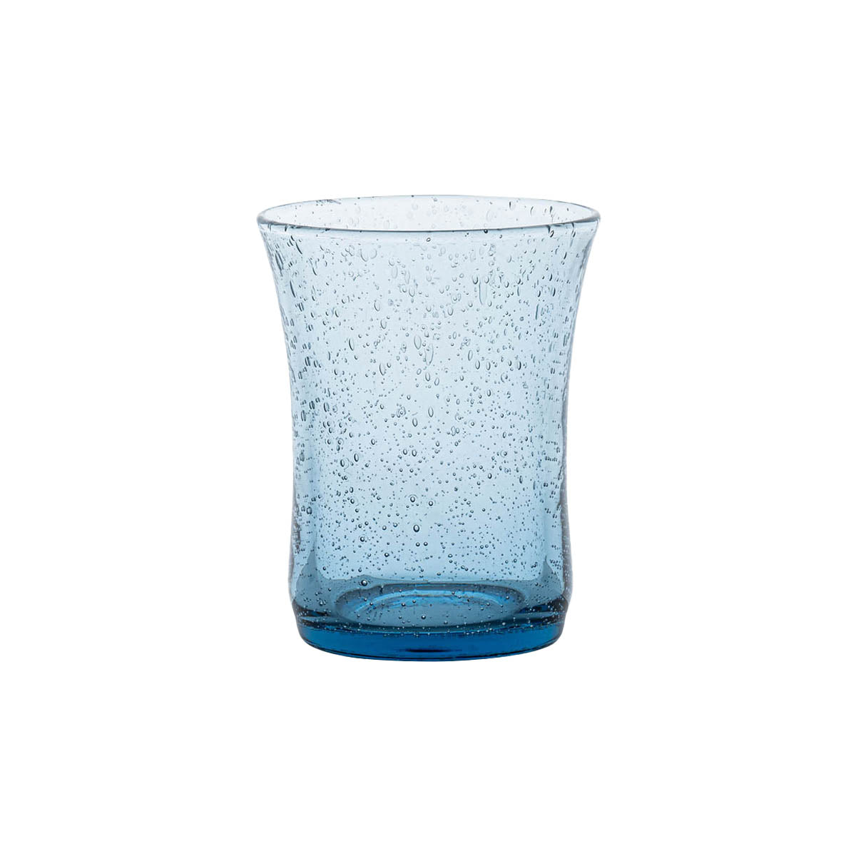 Front view of Provence small tumbler showcasing chambray blue bubbled glass texture on a white background