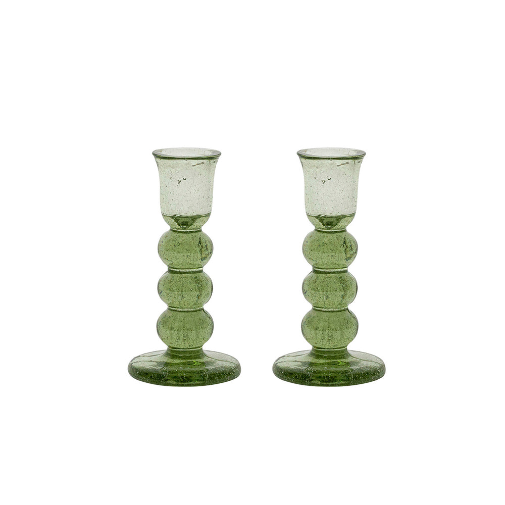 Front view of Provence 5 inch candlestick set of 2 in Basil showcasing sculptural mouth blown glass on a white background
