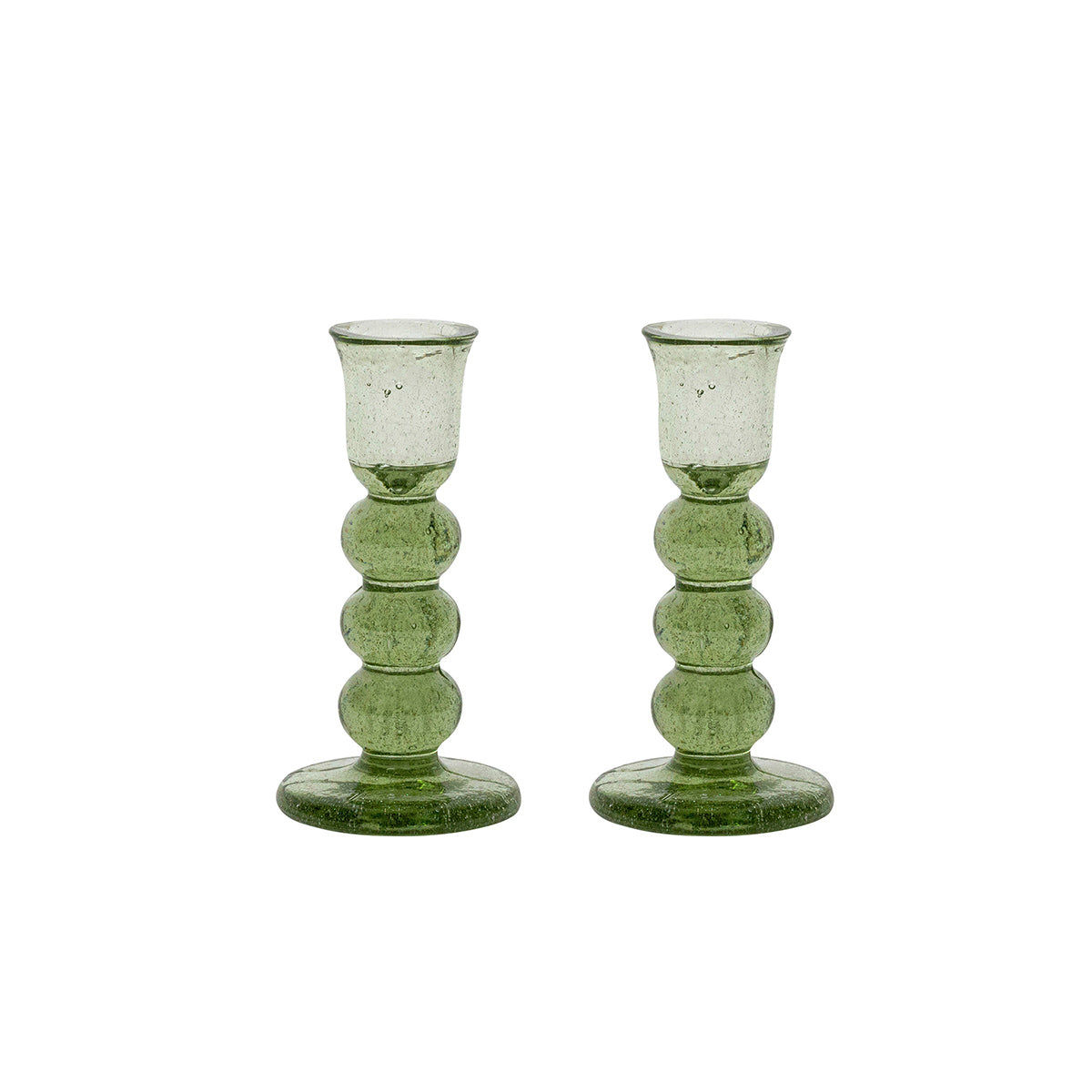Front view of Provence 5 inch candlestick set of 2 in Basil showcasing sculptural mouth blown glass on a white background