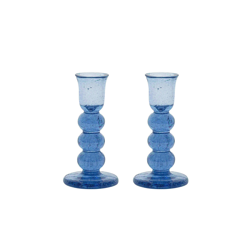 Front view of Provence 5-inch candlestick set of 2 in Chambray showcasing mouth-blown glass with a white background