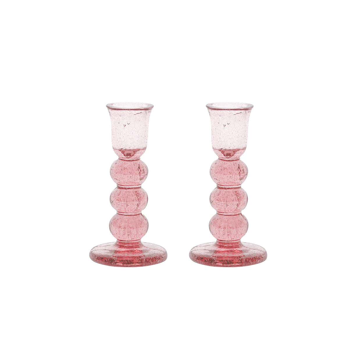 Front view of Provence 5-inch candlestick set of two in blush showcasing bubbly glass and wide bases on white background