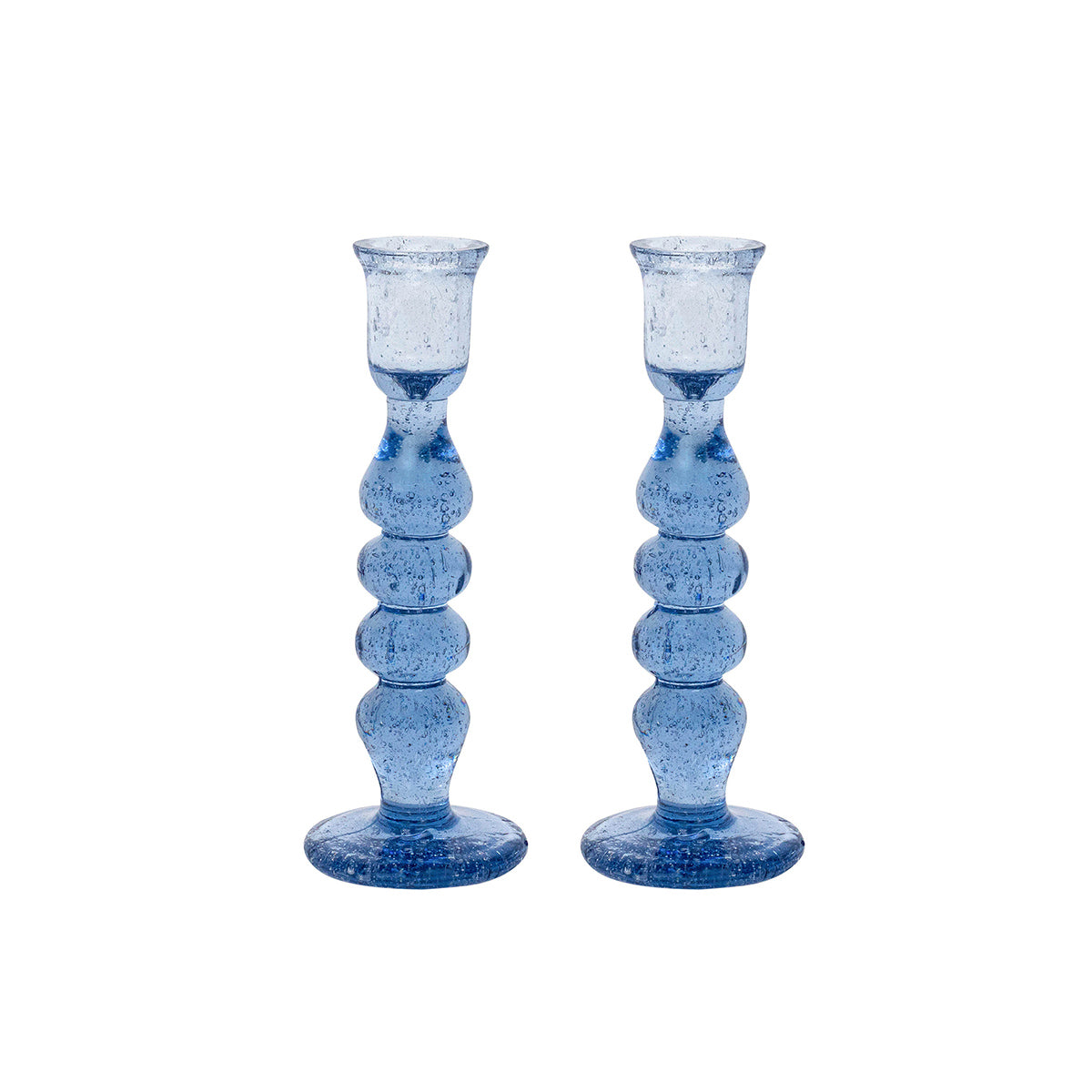 Front view of Provence 7-inch Candlestick set of 2 in Chambray showcasing sculptural bubbly glass with white background