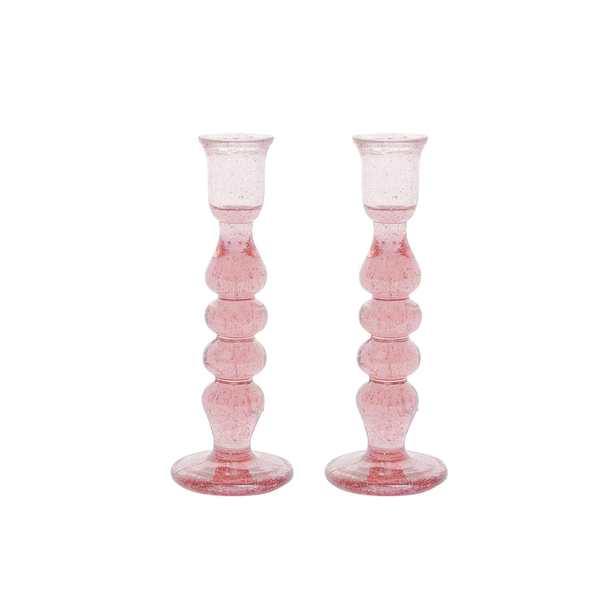 Front view of Provence 7-inch candlestick set of 2 in Blush showcasing sculptural bubbled glass with white background