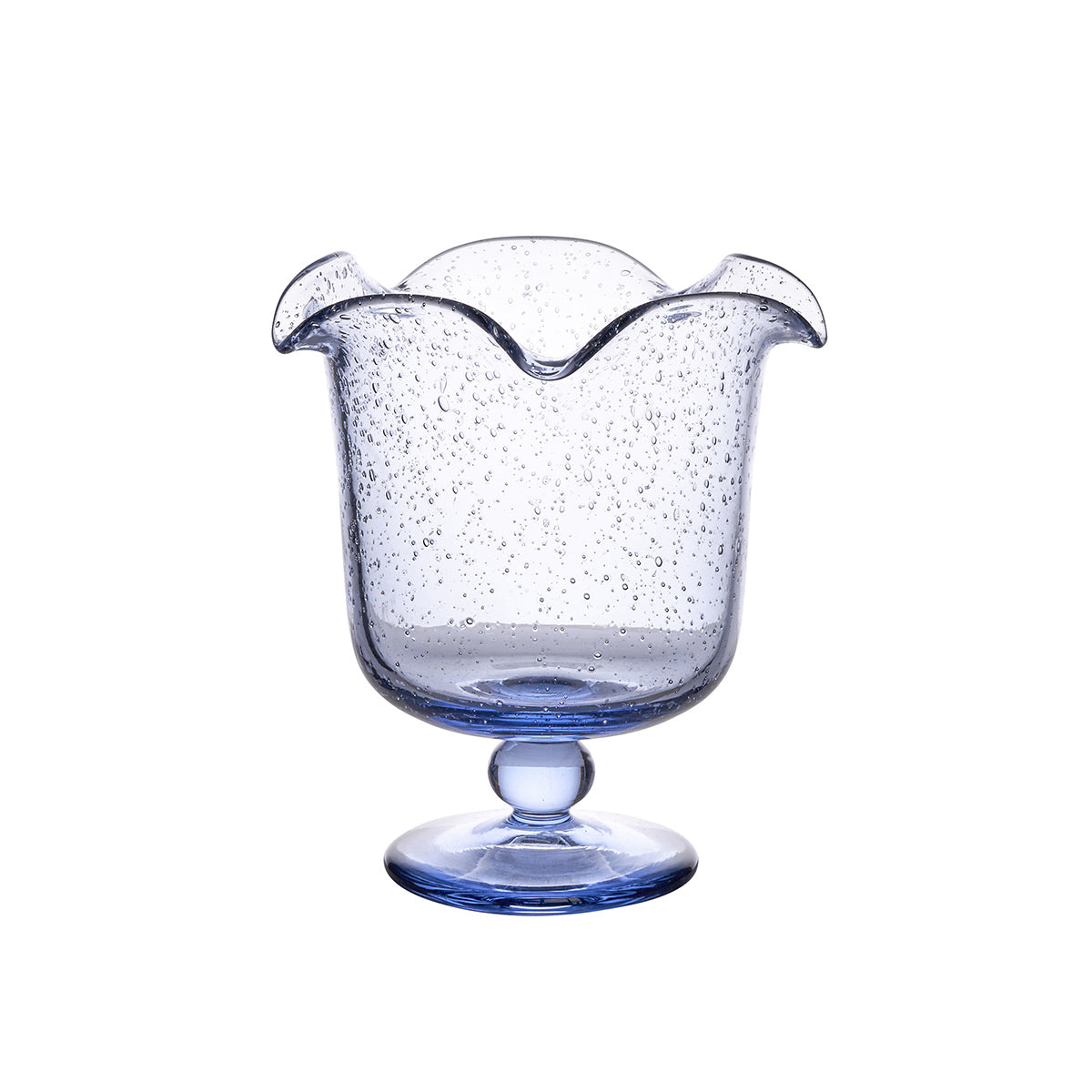 Front view of Provence 5.5 inch Hurricane in Chambray showcasing pedestal base and ruffled rim on white background