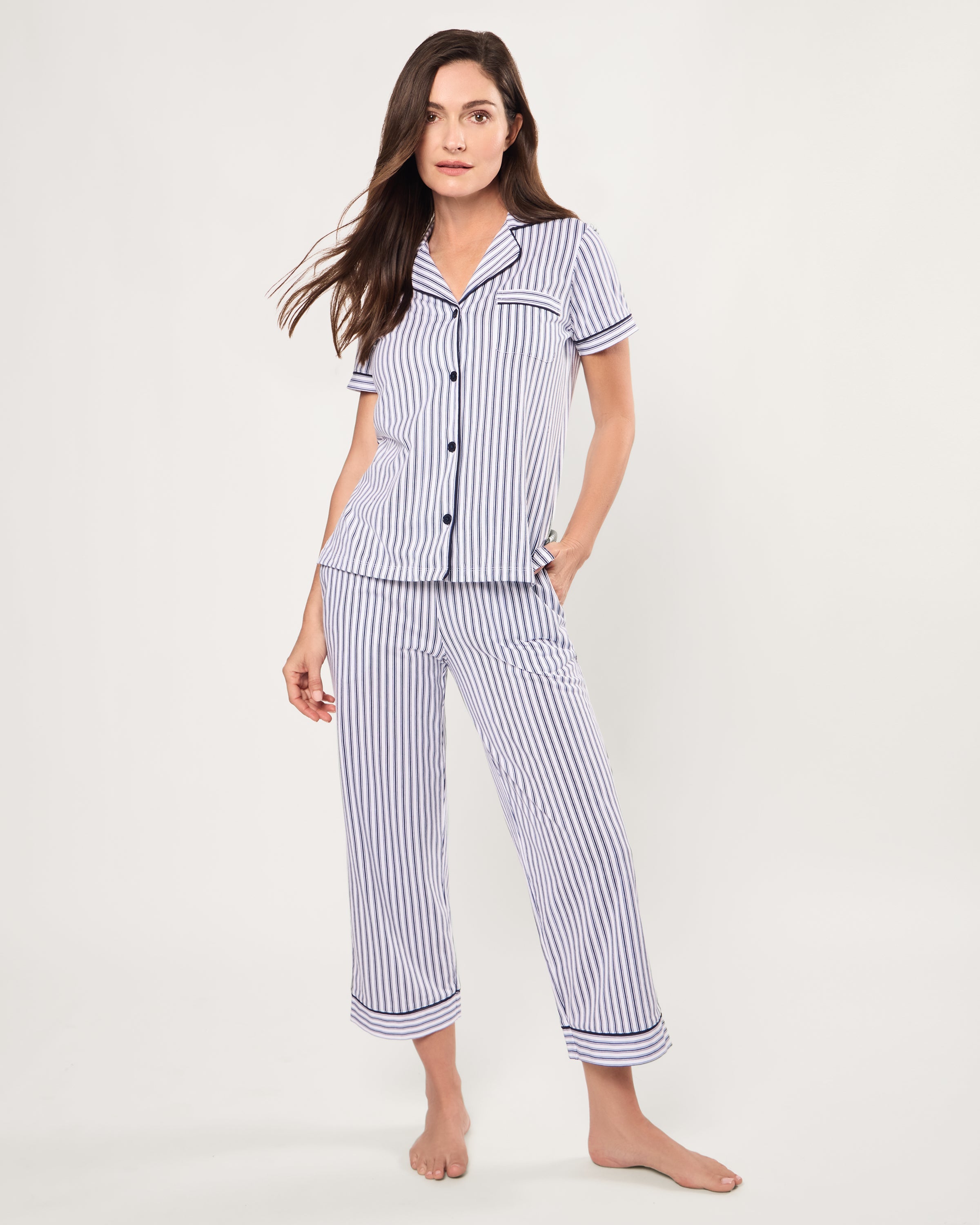Women’s Pima Pajama Crop Set in Navy French Ticking