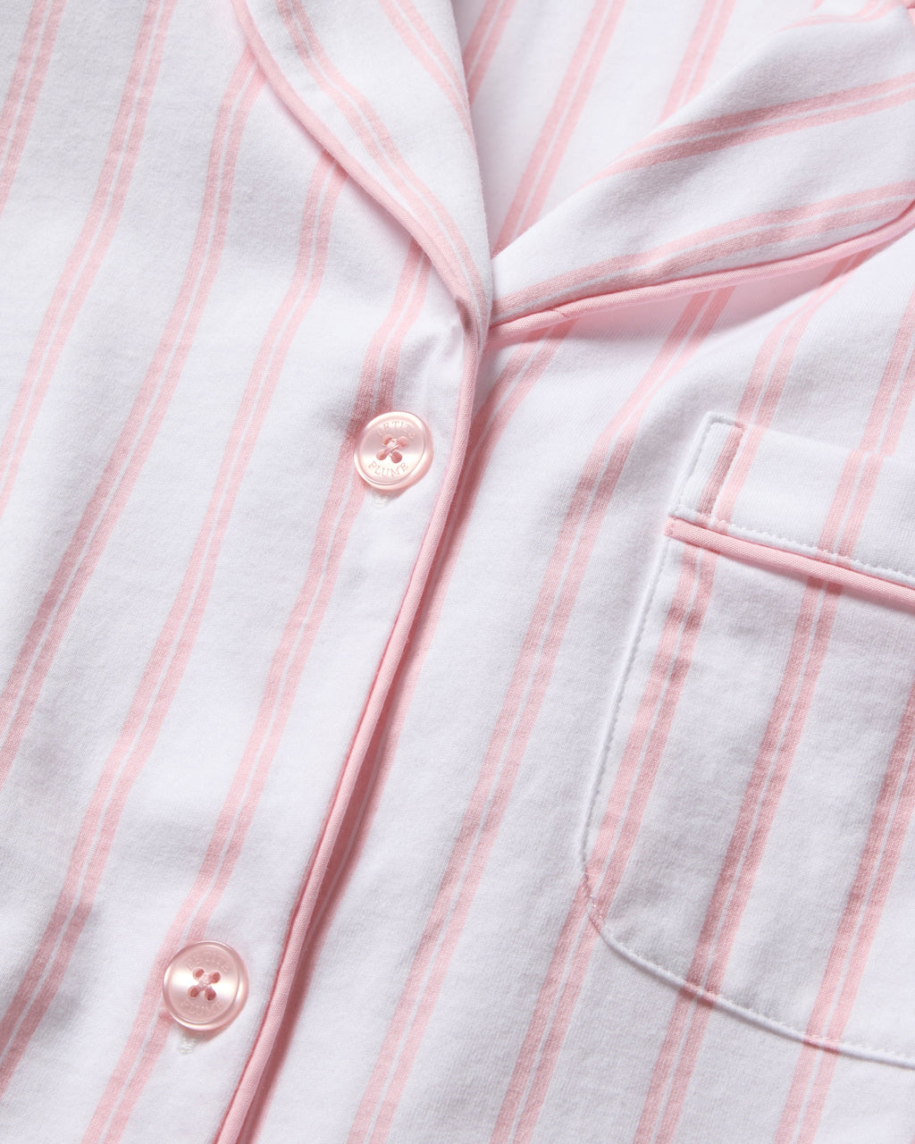 Close-up of Petite Plumes Womens Pima Crop Set: a vintage-style pajama shirt with pink and white stripes, buttons, and a chest pocket. Made from soft, comfy fabric for ultimate nighttime comfort.