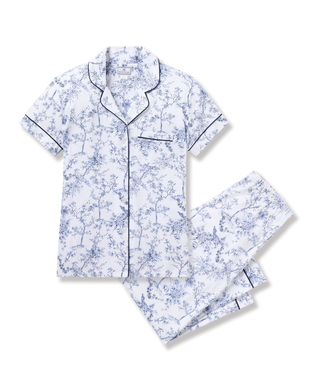 Front view of Women’s Pima Crop Set in Timeless Toile showcasing blue-and-white botanical print and piped trim on white background