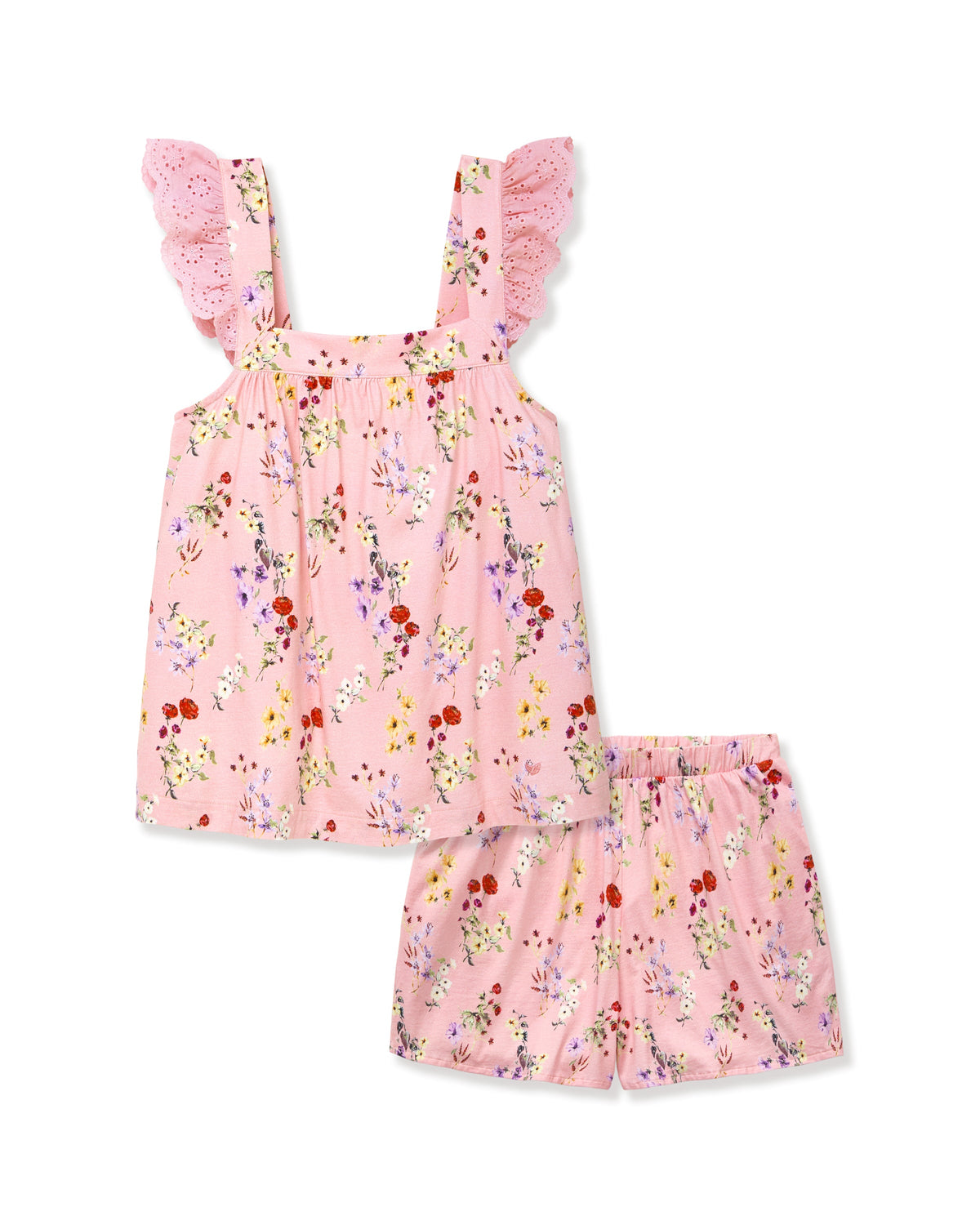 Flat lay of Women’s Pima Clara short set in blush floral with eyelet ruffle straps and elastic waist shorts on white background