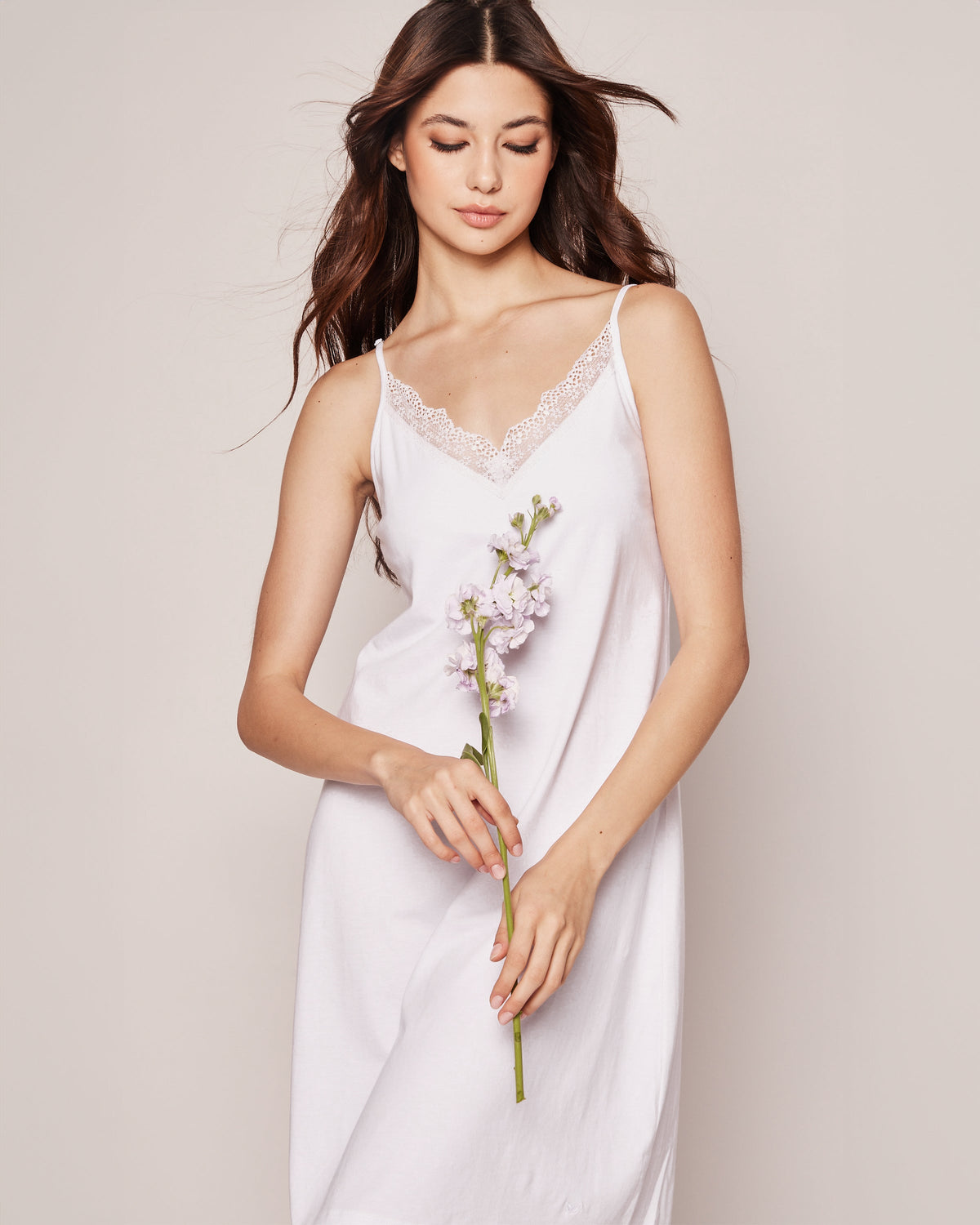 Front view of Women’s Pima Nightgown with Lace in White showcasing lace trim and thin straps against a neutral background