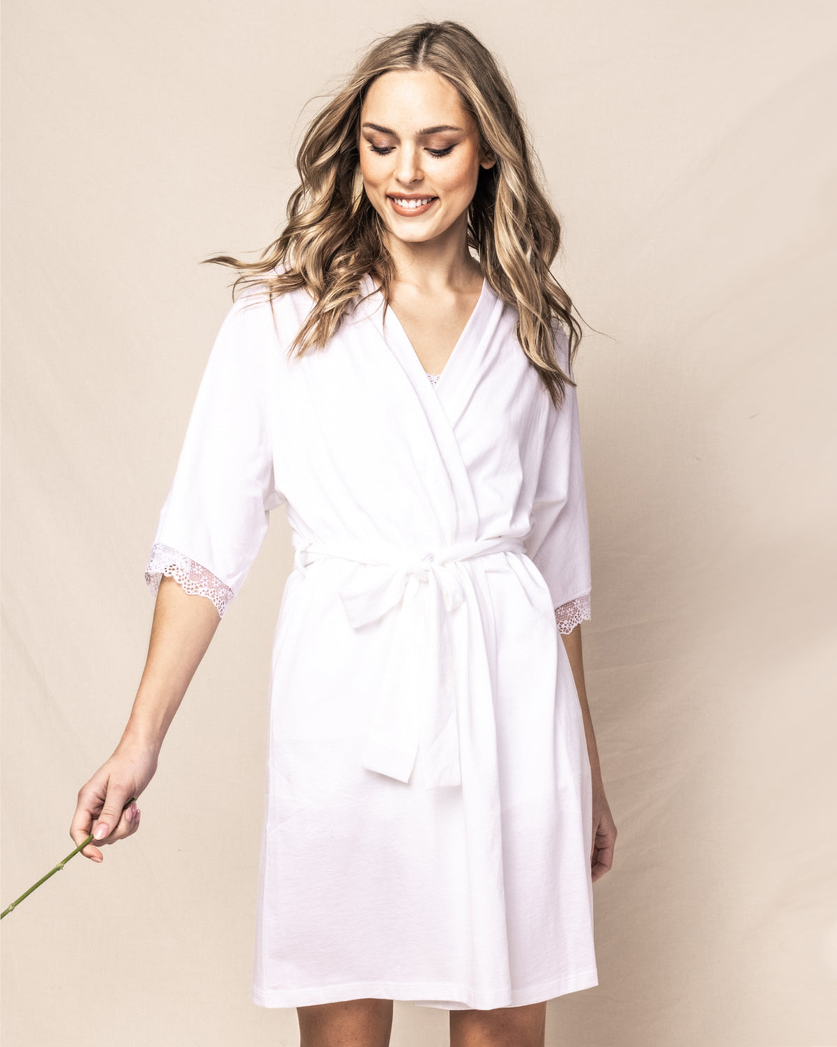 Women's Pima Robe with Lace in White