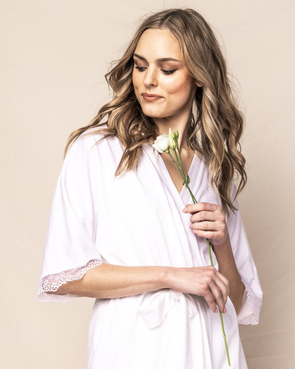 Women’s Pima Robe with Lace in White
