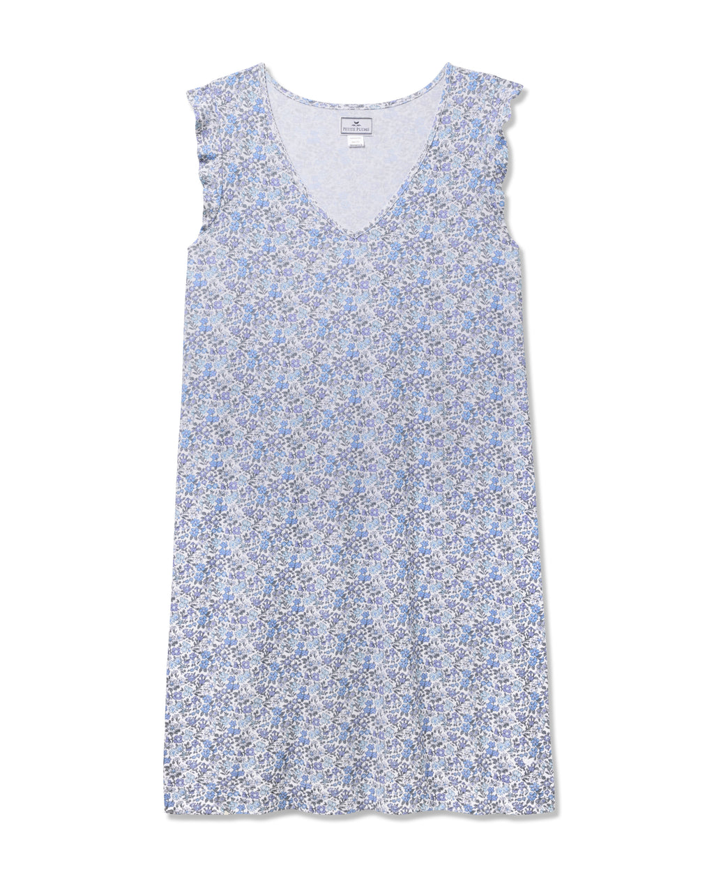 The Womens Pima Harper Nightgown in Fleur dAzur by Petite Plume features a vintage-inspired blue and white floral print. With its V-neckline and soft, flowy fabric, this piece combines casual comfort with timeless charm.