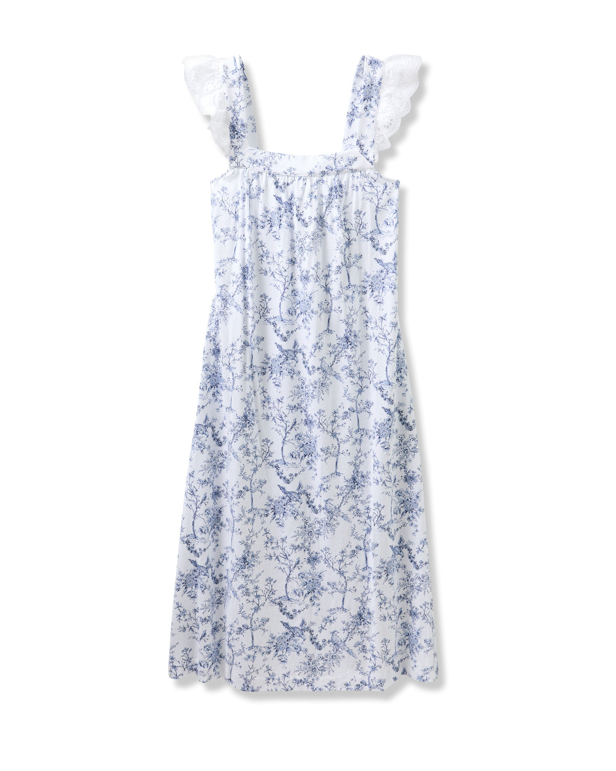 Womens Pima Clara Nightgown in Timeless Toile by Petite Plume is a sleeveless white dress with blue floral patterns, lace-trimmed shoulders, and a soft jersey knit for comfort.
