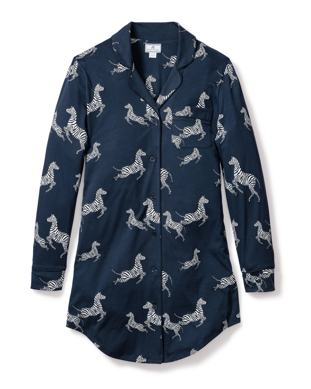 Front view of women’s Pima nightshirt showcasing white zebra print, button front and chest pocket on white background