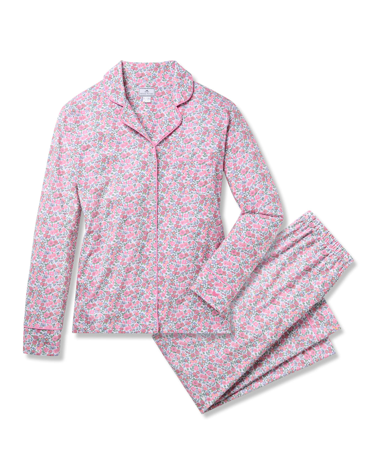 Front view of Womens Pima Pajama Set in Fleurs de Rose showcasing floral print and pink piping