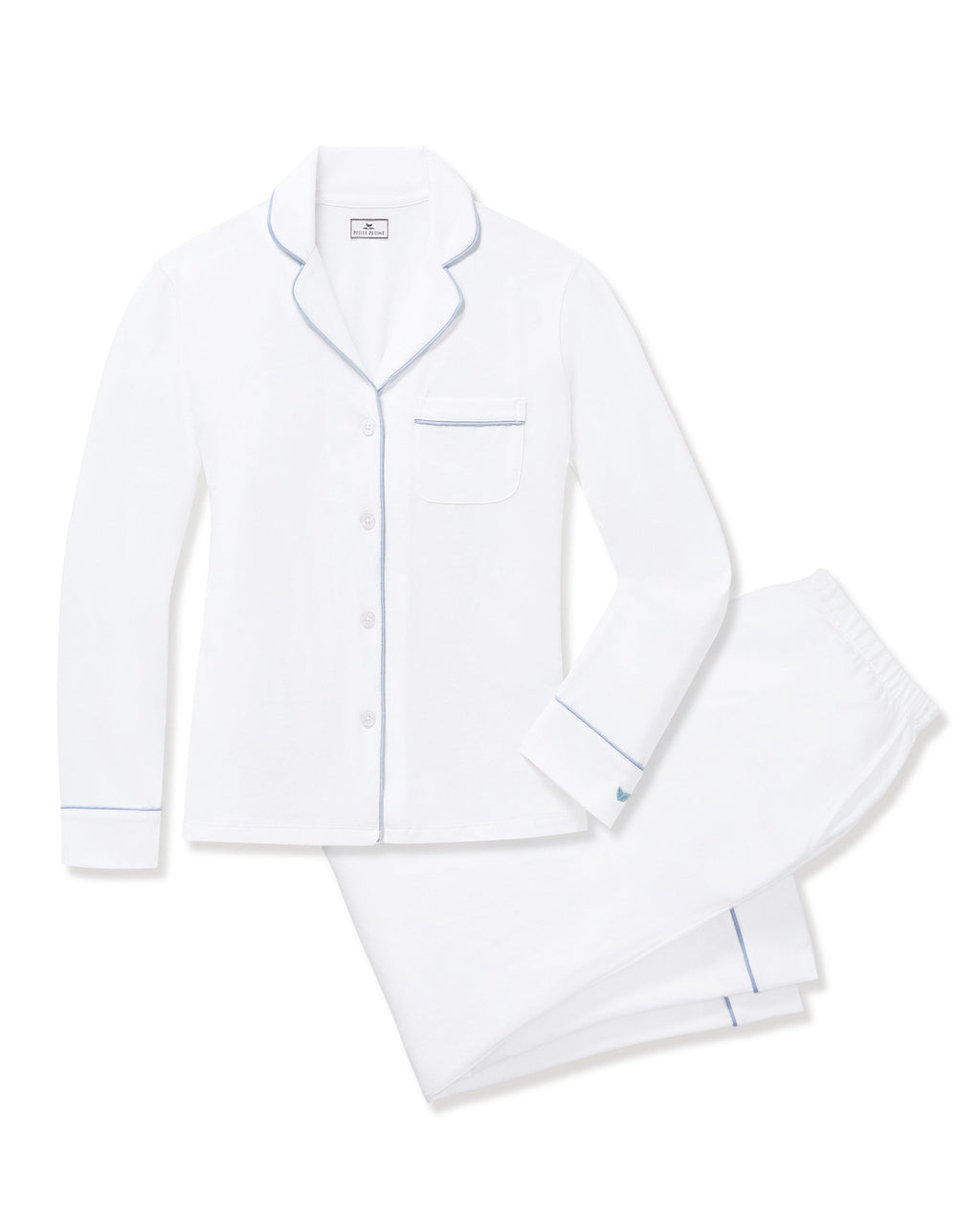 Women’s Pima Pajama Set in White with Periwinkle Piping