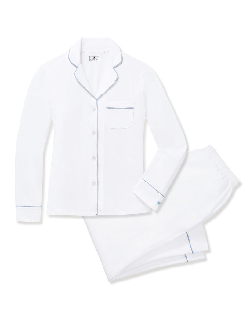 Women’s Pima Pajama Set in White with Periwinkle Piping
