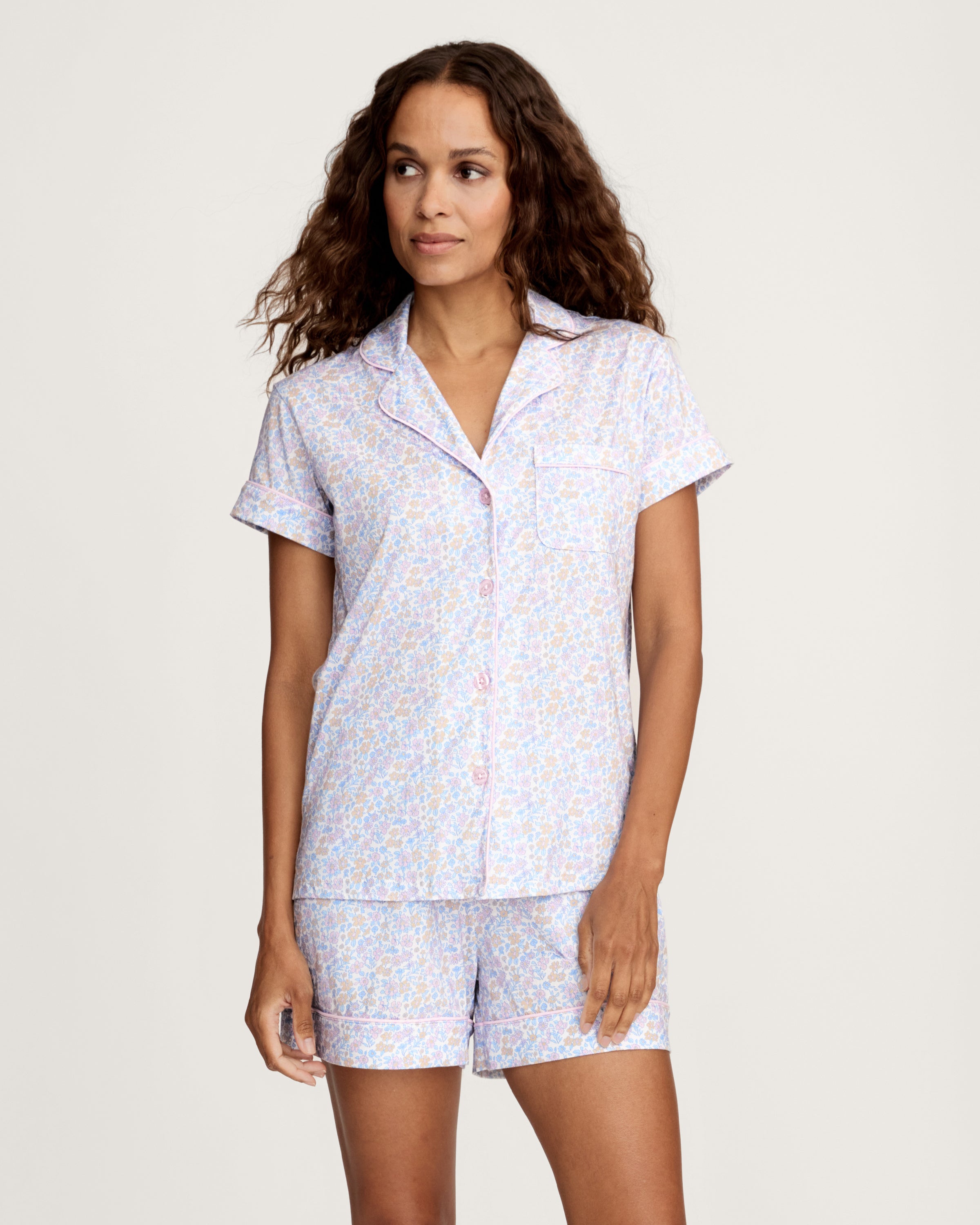 Pima Short Sleeve Short Set in Fleur Blanche