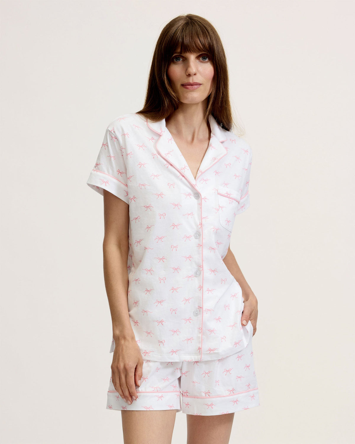 Women’s Pima Short Sleeve Short Set in Blushing Bows