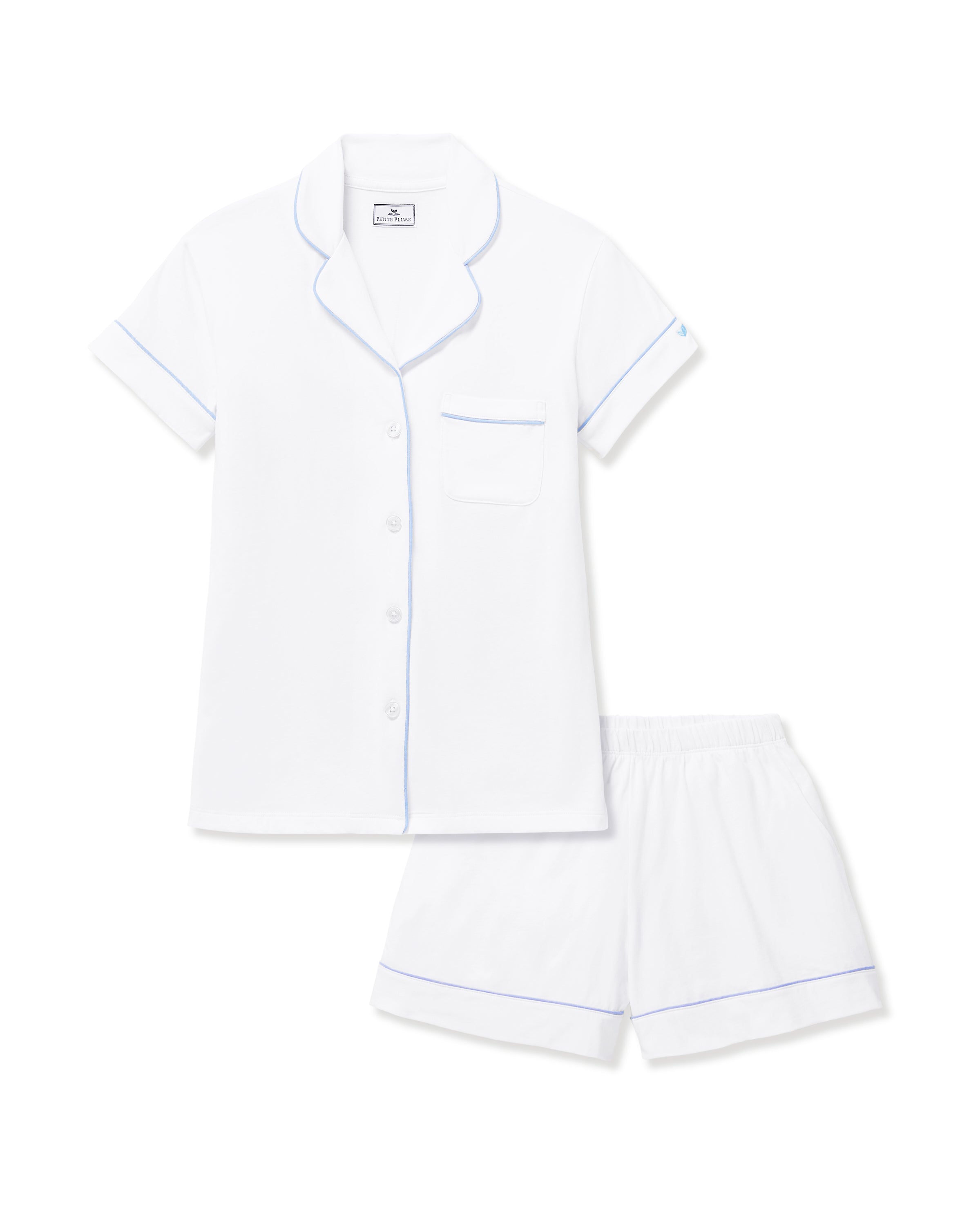 Women's Pima Short Sleeve Set in White with Periwinkle Piping