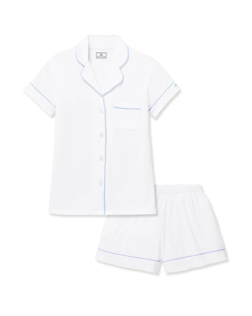 Women's Pima Short Sleeve Set in White with Periwinkle Piping