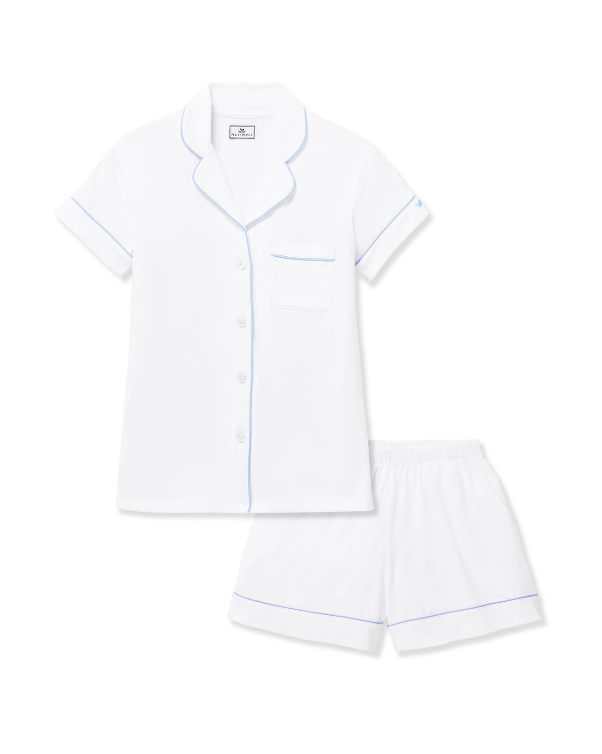 Women's Pima Short Sleeve Set in White with Periwinkle Piping