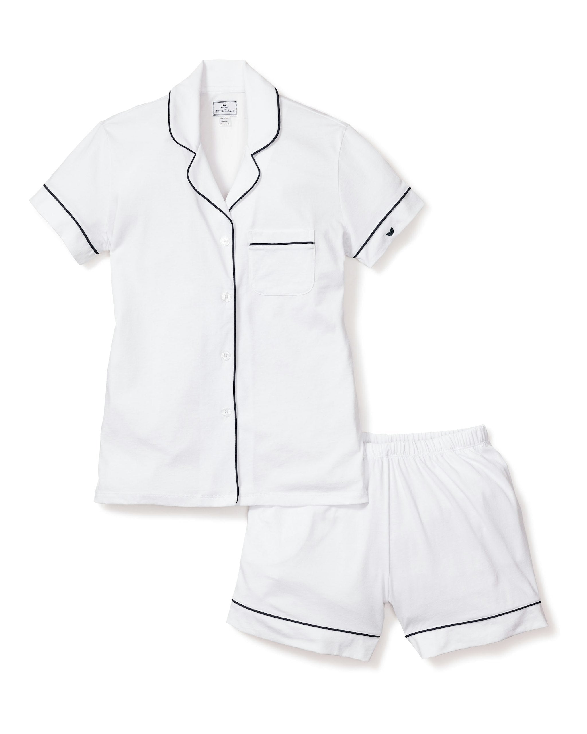 Women’s Pima Short Sleeve Short Set in White & Navy