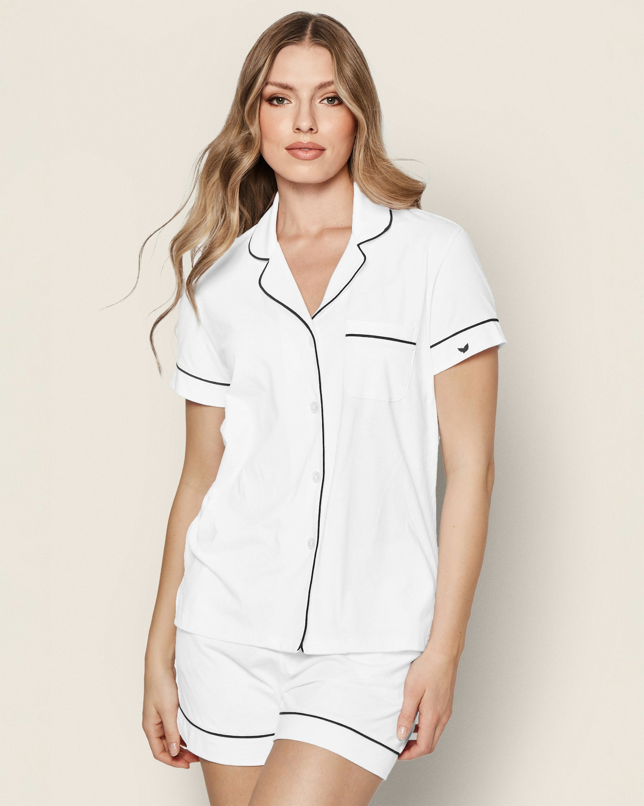 Women’s Pima Short Sleeve Short Set in White & Navy