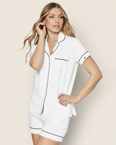 Women’s Pima Short Sleeve Short Set in White & Navy