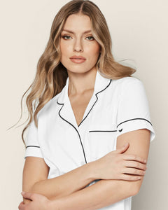 Women’s Pima Short Sleeve Short Set in White & Navy