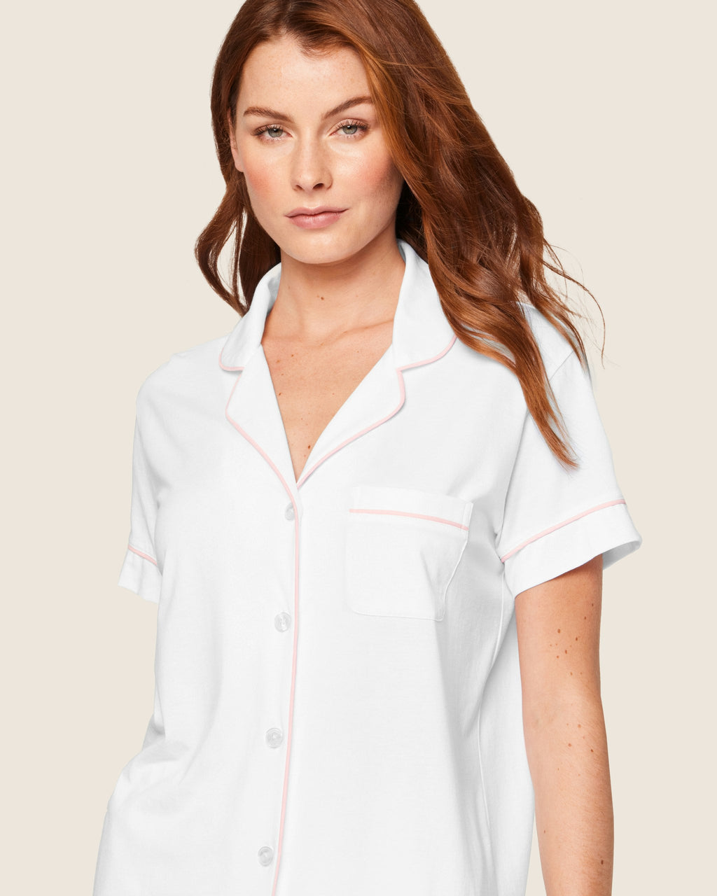 Women’s Pima Short Sleeve Short Set in White & Pink