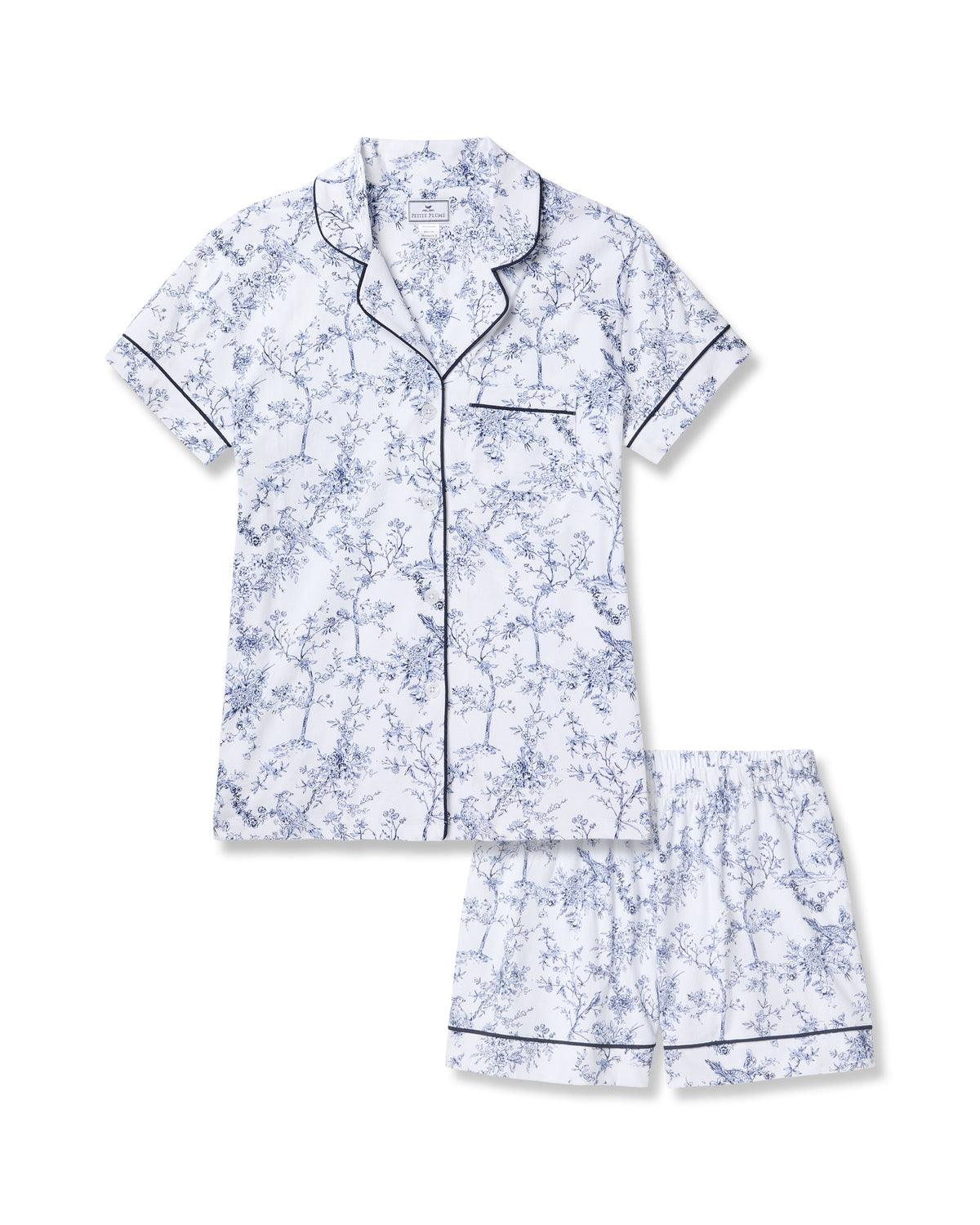 Flat lay of Women’s Pima Short Sleeve Short Set in Timeless Toile showcasing blue and white botanical print and piped trim