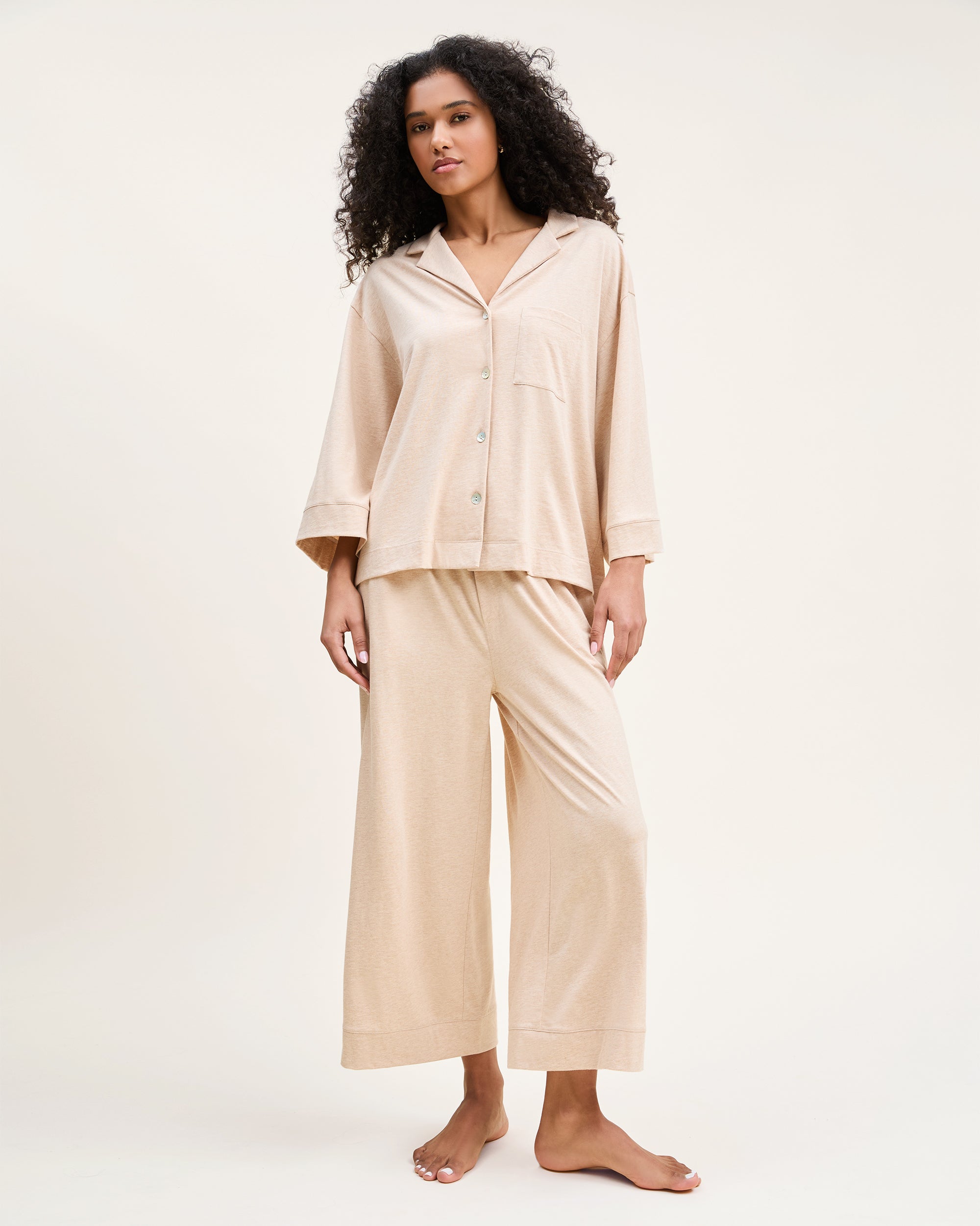 The Olivia Wide Leg Pima Pajama Set in Camel