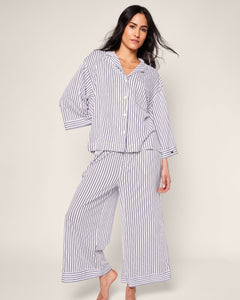 The Olivia Wide Leg Pima Pajama Set in Navy French Ticking