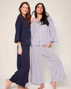 The Olivia Wide Leg Pima Pajama Set in Navy French Ticking