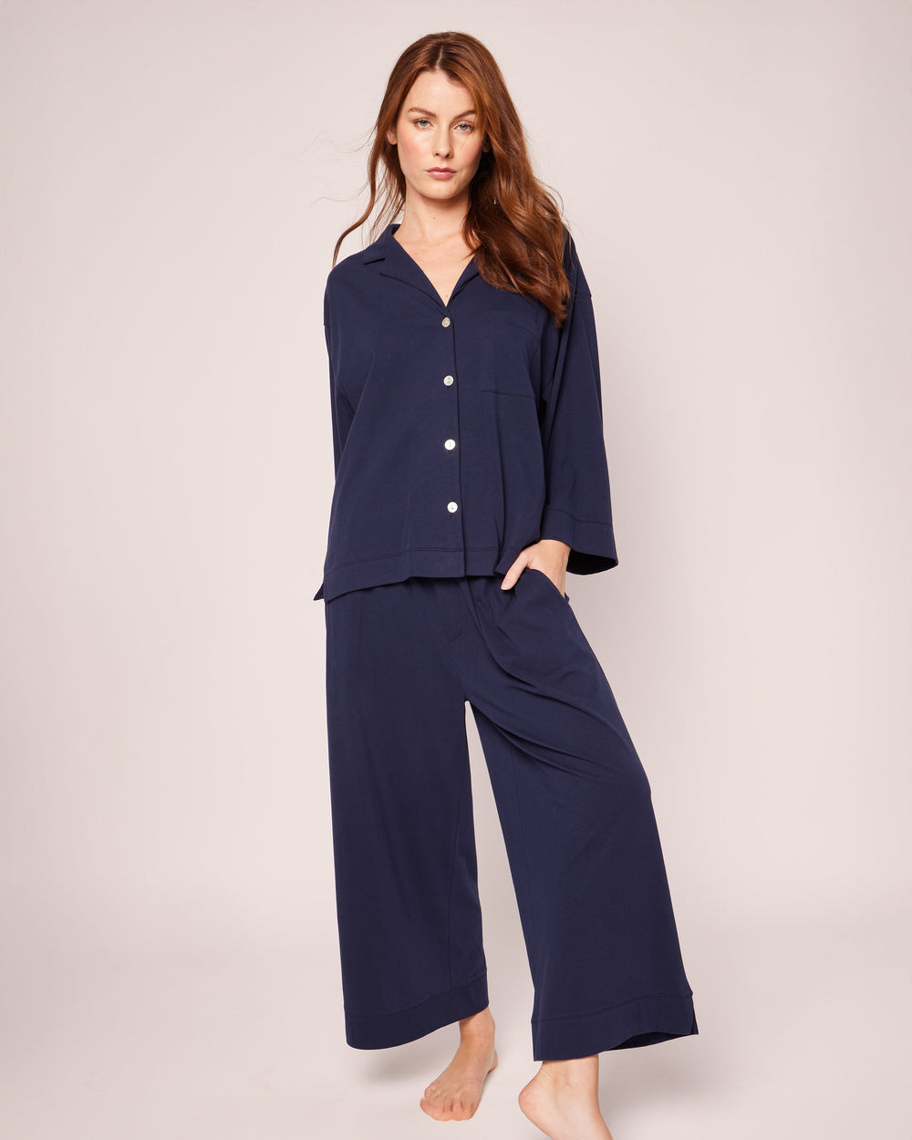 The Olivia Wide Leg Pima Pajama Set in Navy