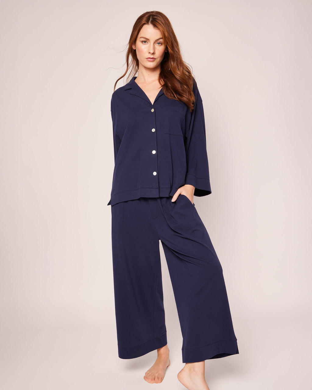 The Olivia Wide Leg Pima Pajama Set in Navy