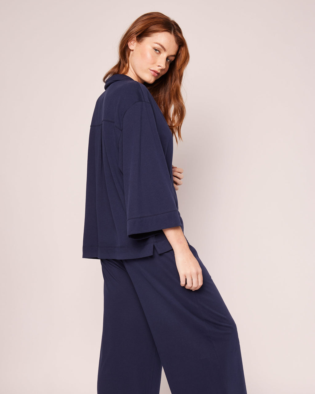 The Olivia Wide Leg Pima Pajama Set in Navy