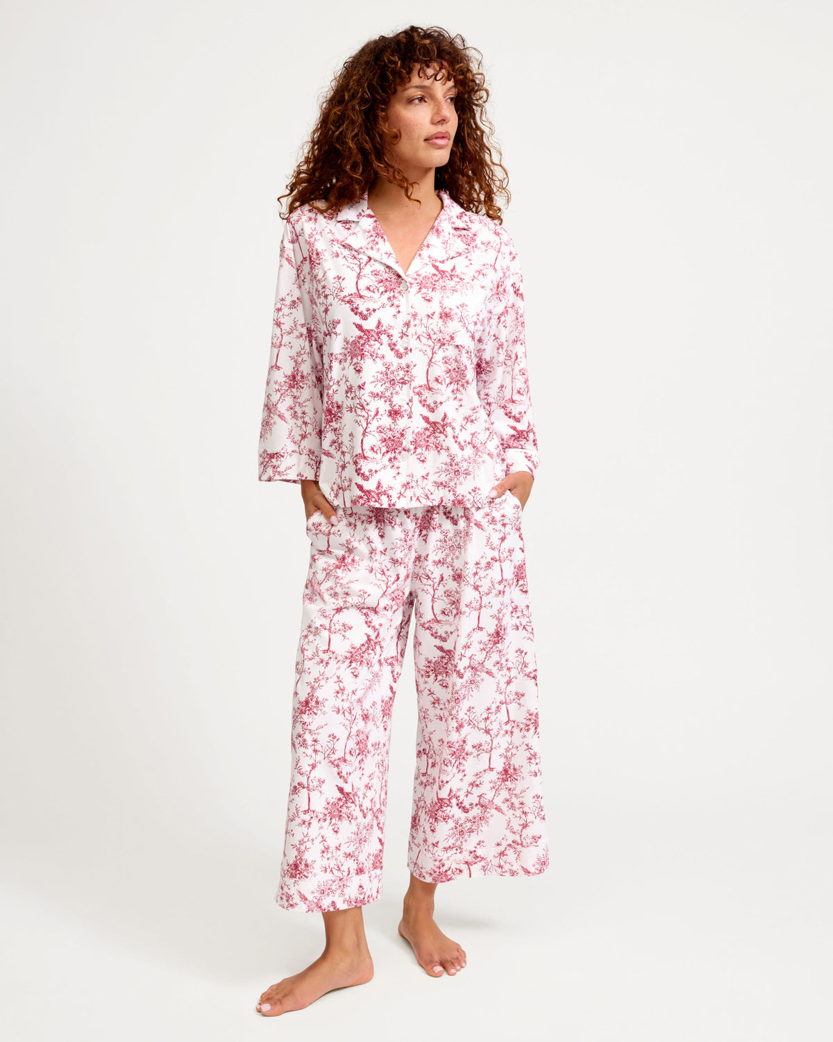 The Olivia Wide Leg Pima Pajama Set in Red Timeless Toile
